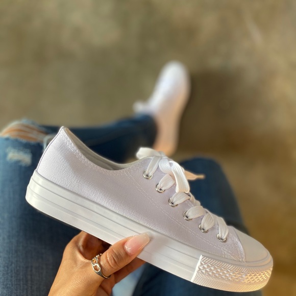 Shoes - All White Lace Up Low Top Canvas Sneakers